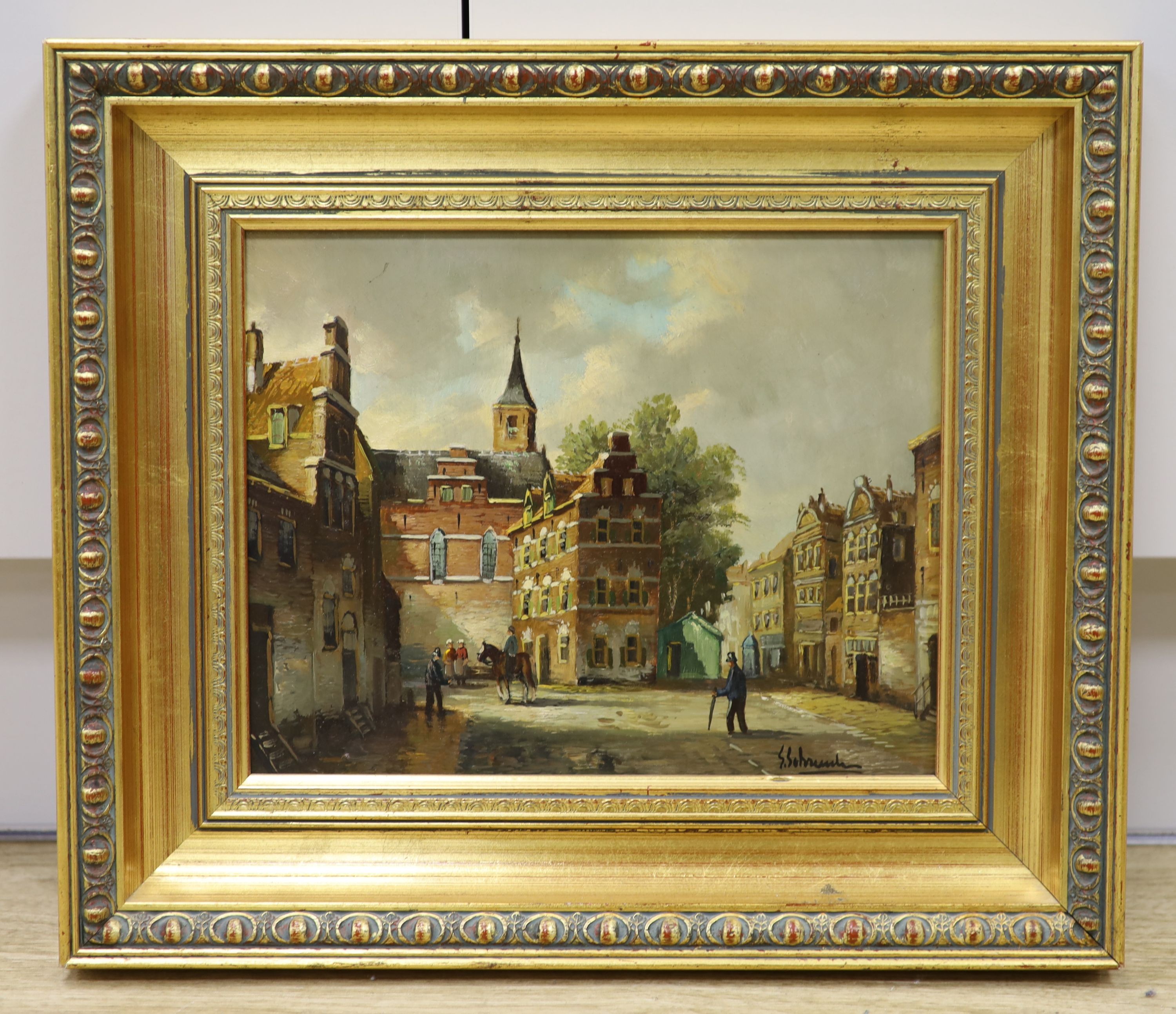 20th century Dutch School, oil on panel, Street scene with figures, signed, 23 x 29cm.